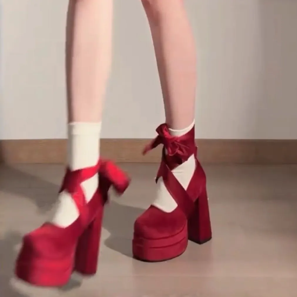 Red Thick-Soled New Chinese Single-Shoe Women Waterproof Table Small Velvet High Heels Cross With Round Head Mary Treasure Shoes HZ0115