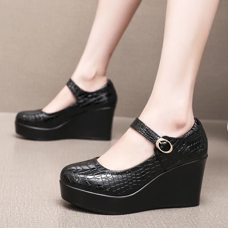 Painted Leather Stone Slope Heel Single Shoe Round Head Light Mouth Work Shoes Thick-Soled Waterproof Table Model Show High Heels Women HZ0115