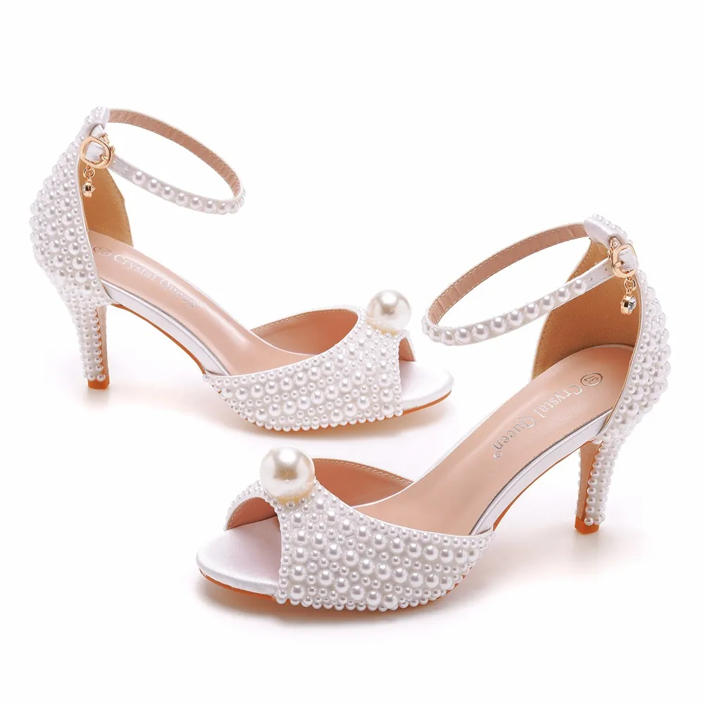 7 Cm Pearl Fish Mouth High Heel Sandals Shallow Buckle With Large-Size Round-Head High Heel White Ribbon Wedding Shoes HZ0115