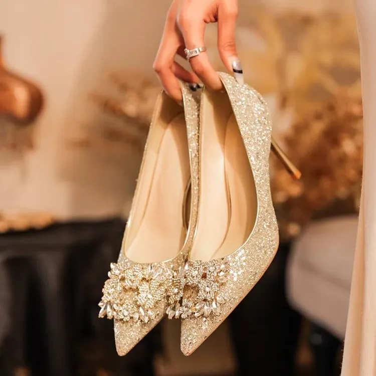 Wedding Shoes Show Hedding Wedding Dress Two Wearing Crystal Shoes Bridal Shoes Women Champagne High Heels Do Not Tiring Feet Of Water Drill 2025 New HZ0115