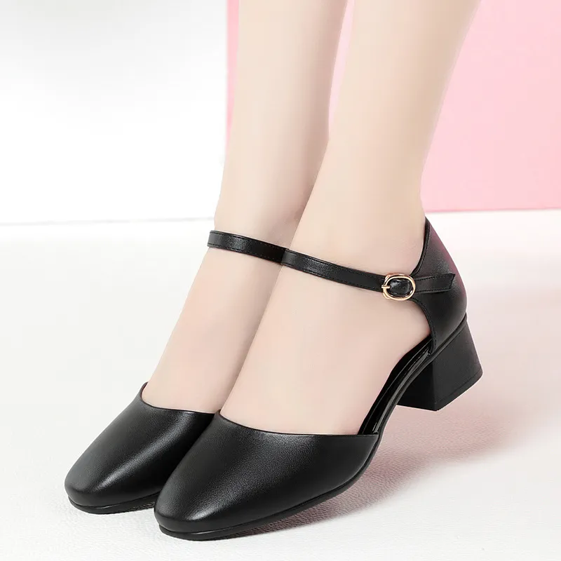 Vintage Square Head Spring And Autumn Shoes Mary Jane Hollow Single Shoes Thick Heel Buckle Low Heel Sexy Bag And Head Sandals Woman HZ0115