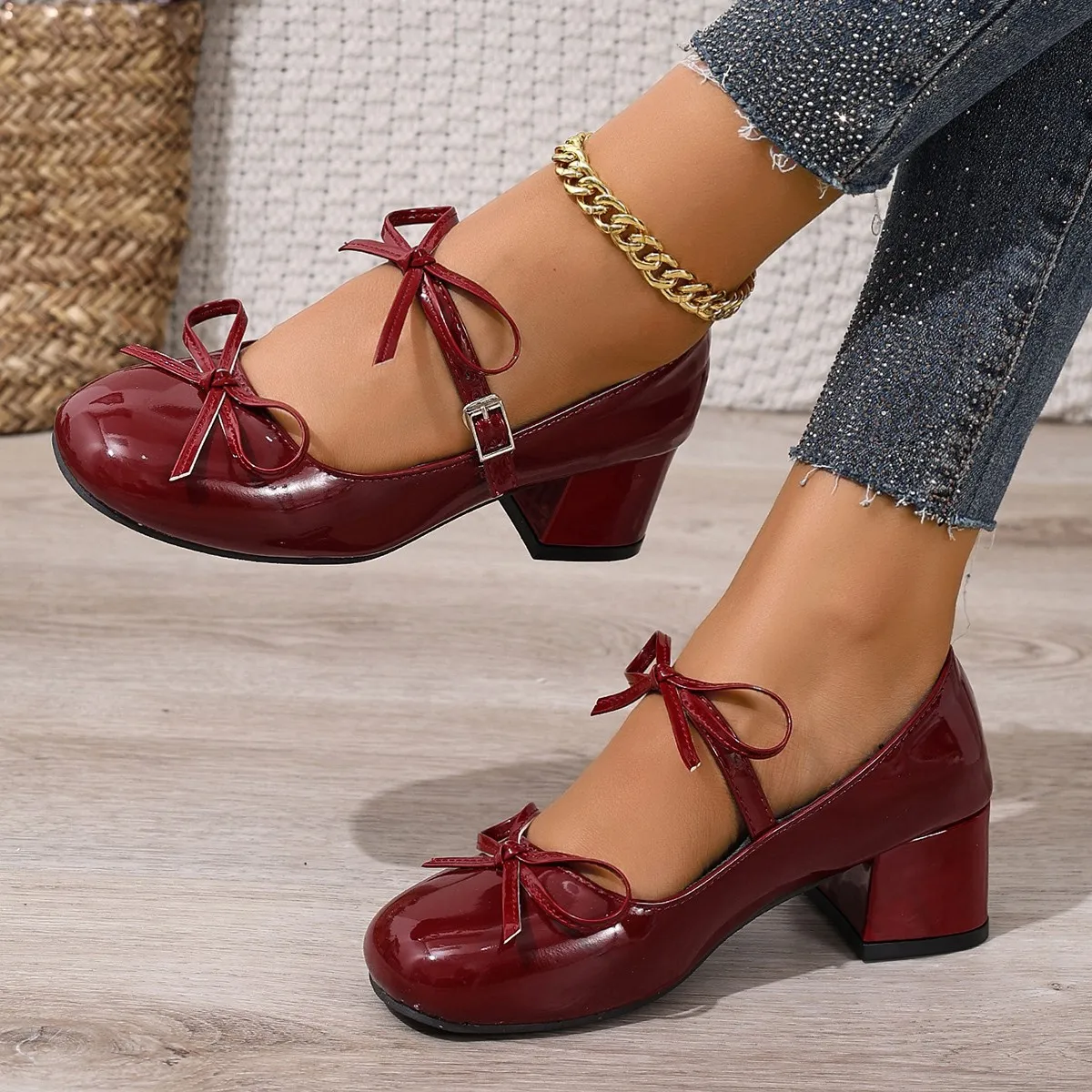 French Bow Mary Jane Single Shoes 2025 New Spring Coarse Temperament With Skirt Small Leather Shoes HZ0115