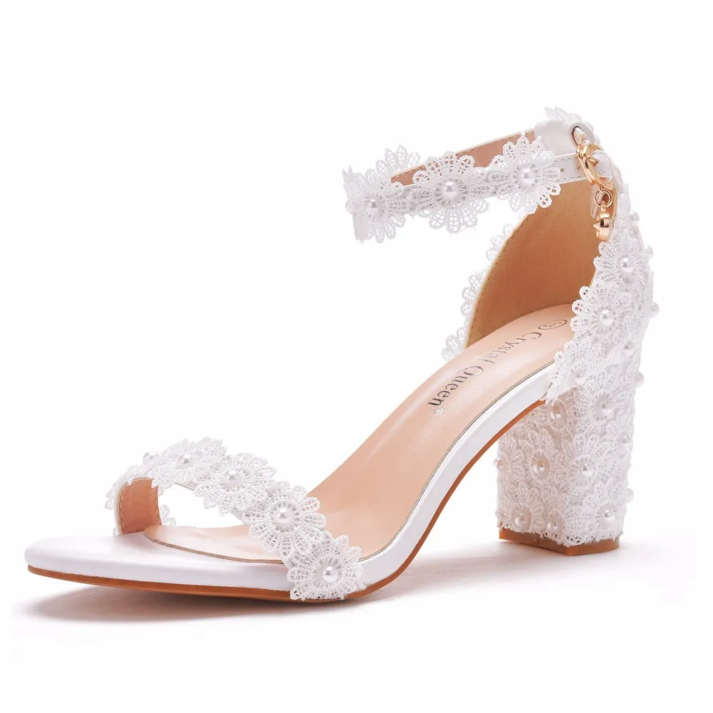 7 Cm Thick Heel Shallow Mouth With Beaded Square Sandals White Lace Wedding Shoes Coarse Heel Sandals HZ0115
