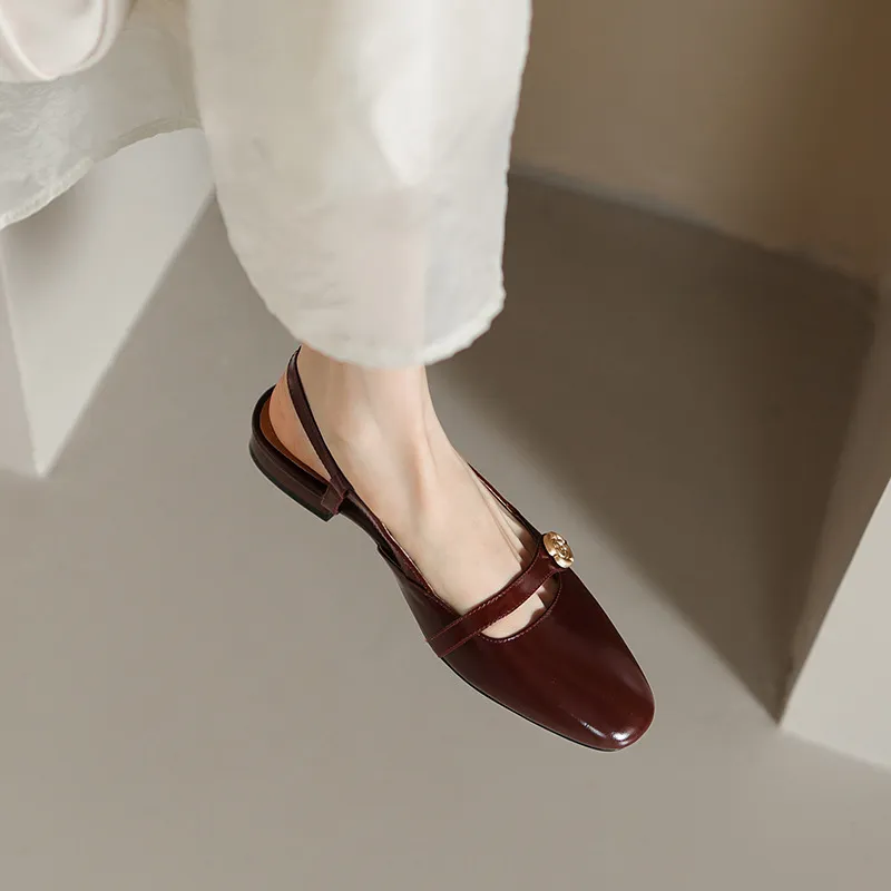 French Retro Soft Leather Coarse Heel Mountain Tea Head Sandals Women's Summer New Low Heel Back Empty Mary Jane Single Shoes HZ0115