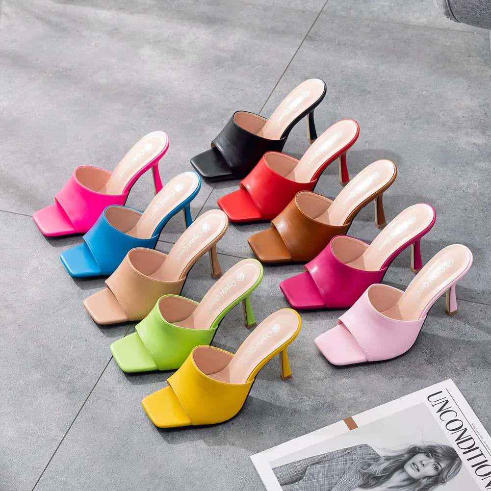 9 Cm Square Head High Heel Sandals Slippers Wine Glasses And Temperament Pearl Beaded Women's Shoes White Fish Mouth Shallow Sandals HZ0115