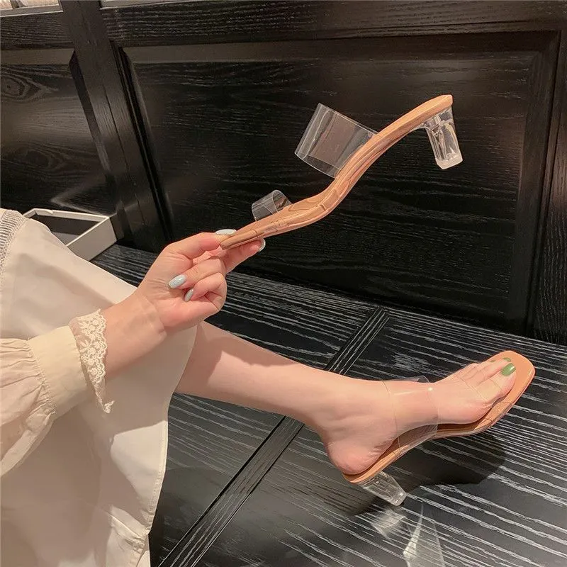 Net Red Cold Slippers Women Wear Summer 2025 New Fashion Coarse And Crystal High-Hee And Transparent Flip-Flops HZ0115
