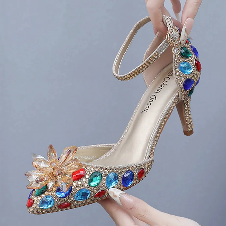 7 Cm Large-Size Sandals Fine Heel Head Crystal Glass High Heel Sandals Champagne Gold Banquet Dinner Women's Shoes HZ0115