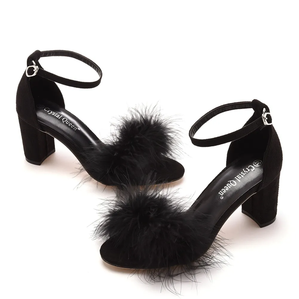 7 Cm Thick Heel Sandals Shallow Mouth With Feather Sandals Round Head Square Root Fashion Summer Sandals Large Size HZ0115