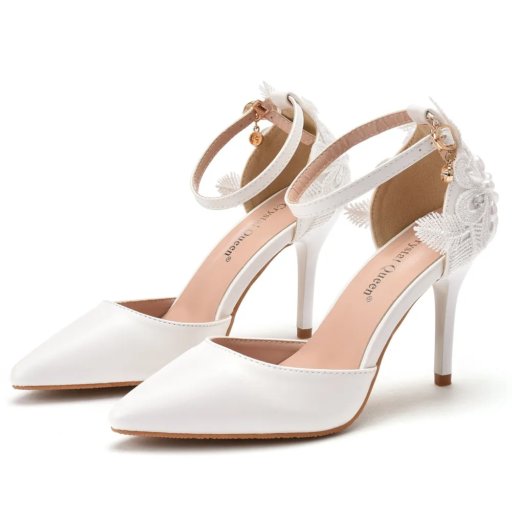 White Lace Flower Wedding Shoes One-Word Wristband Bridal Shoes Fine Heel Sharp Wedding Shoes Women Sandals Car Show Shoes HZ0115
