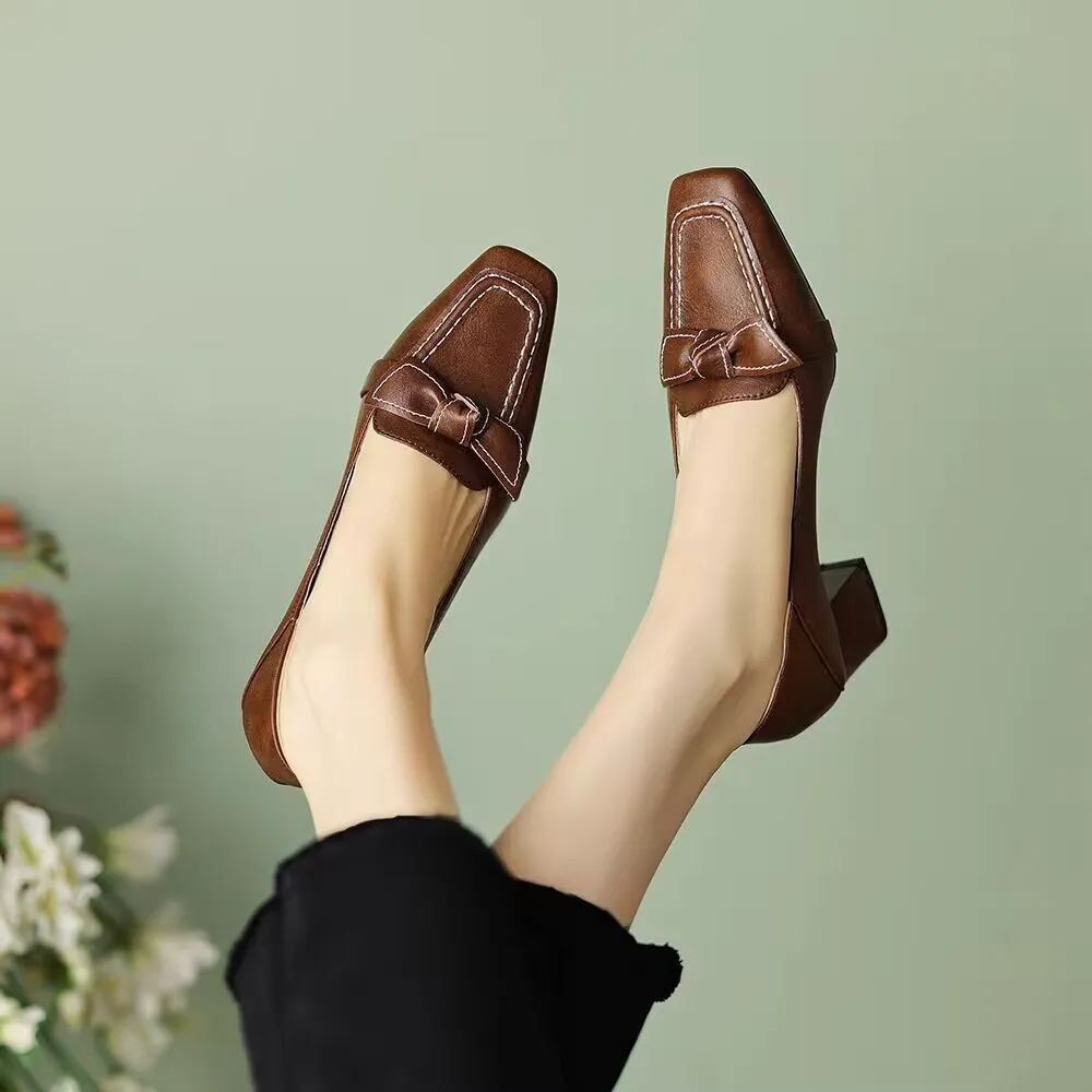 French Retro High Heel Single Shoe Women 2025 Spring And Autumn New One-Legged Bow Bow Coarse Heel High Heels Women HZ0115