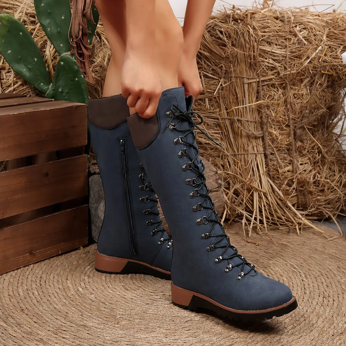 Cross-Laced Boots 2025 Autumn New Patent Leather Round Head Thick And Middle Knight Boots HZ0115