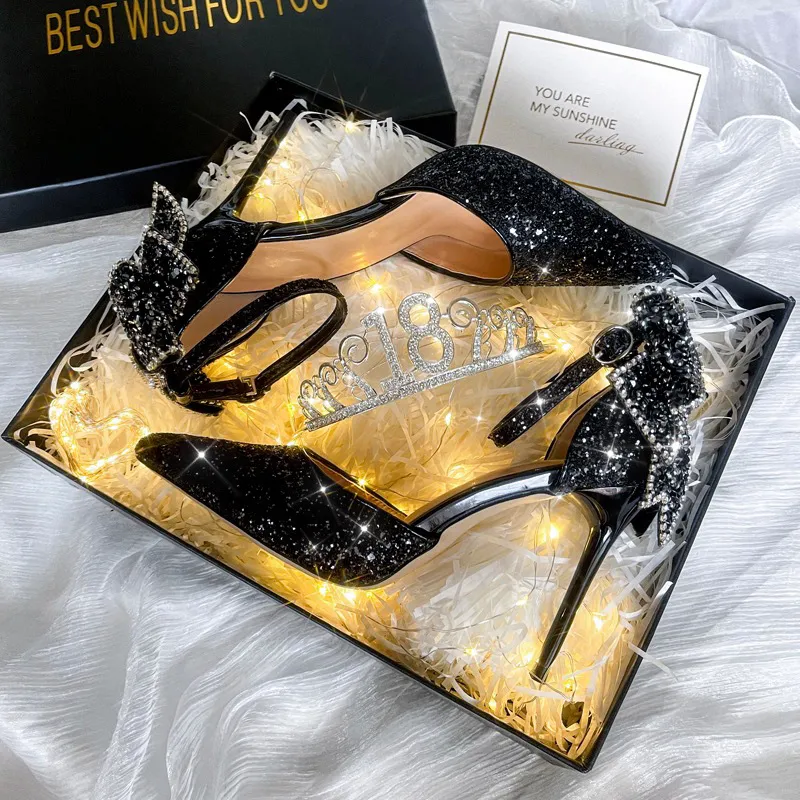 Spring And Autumn Bride 18-Year-Old Crystal Princess Rite Bowed Men's High Heels Women With Fine Heel Sandals HZ0115