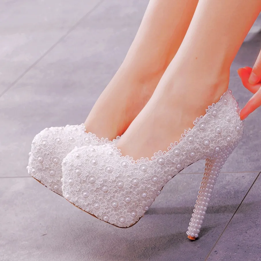 White Lace Heels Wedding Shoes Lace Pearl Shoes Size Fine Heel Waterproof Shoes 14WL HZ0115