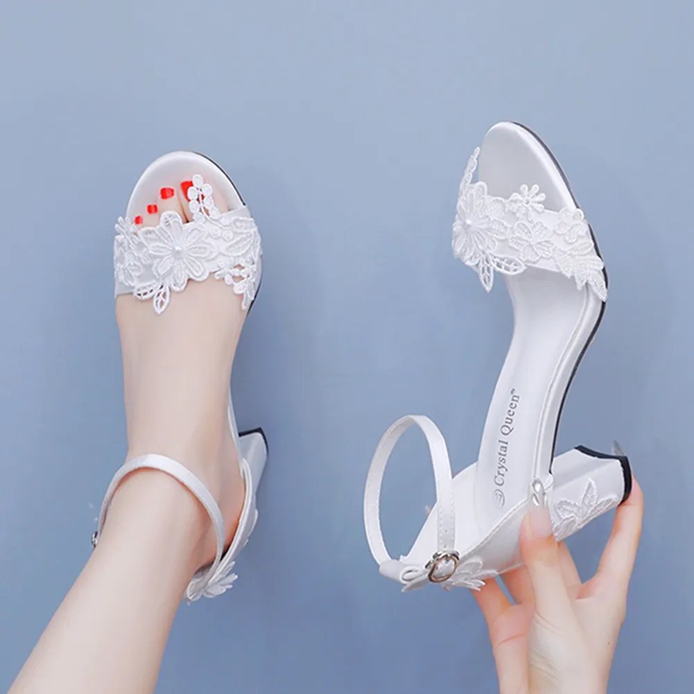 7 Cm Thick And Shallow Mouth With Sandals Round Head Square Sandals Rice White Satin Flowers Beaded Wedding Shoes HZ0115