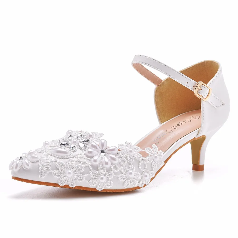 5 Cm Hollow Sharp Head Sandals In Low-Heeled Mary Jane Sandals White Lace Beaded Wedding Shoes Bridal Wedding Shoes HZ0115