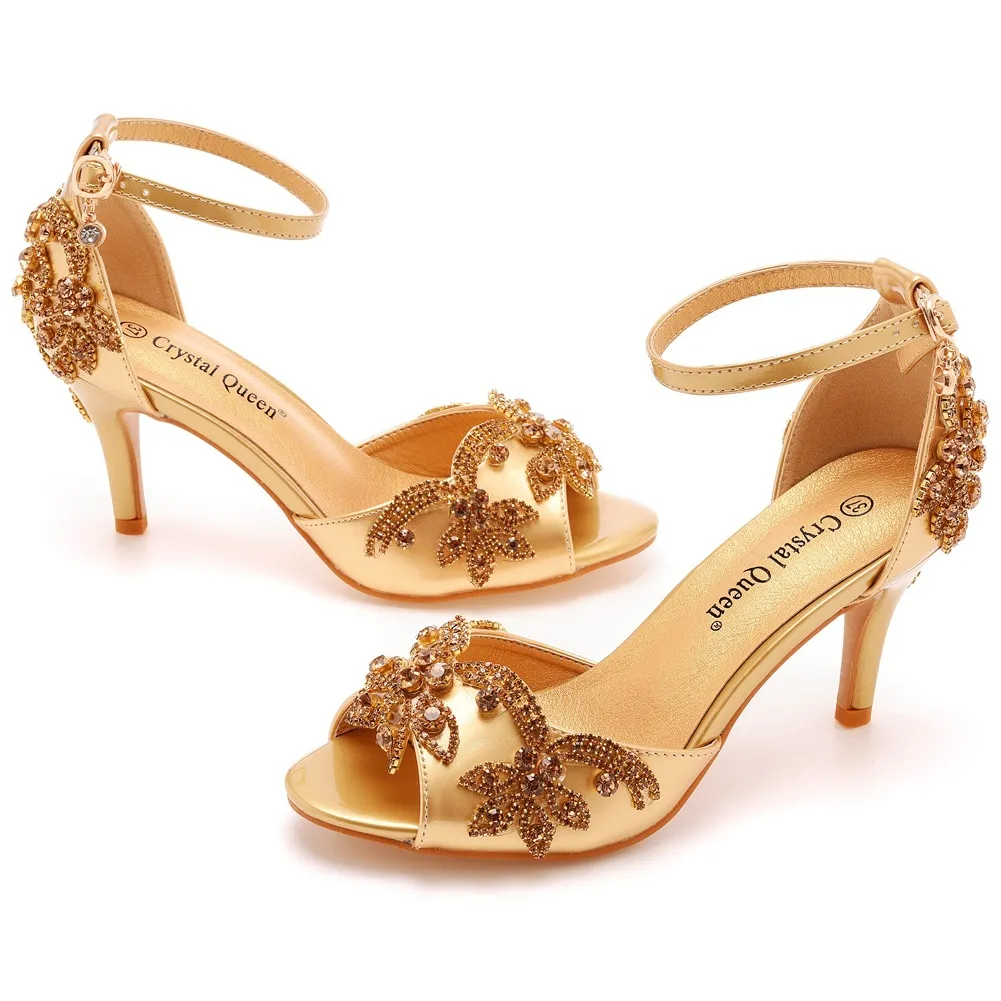 7 Cm Fish Mouth High Heel Sandals Shallow Mouth With Large-Size Round-Head High Heels Golden Water Drill Fine Sandals HZ0115