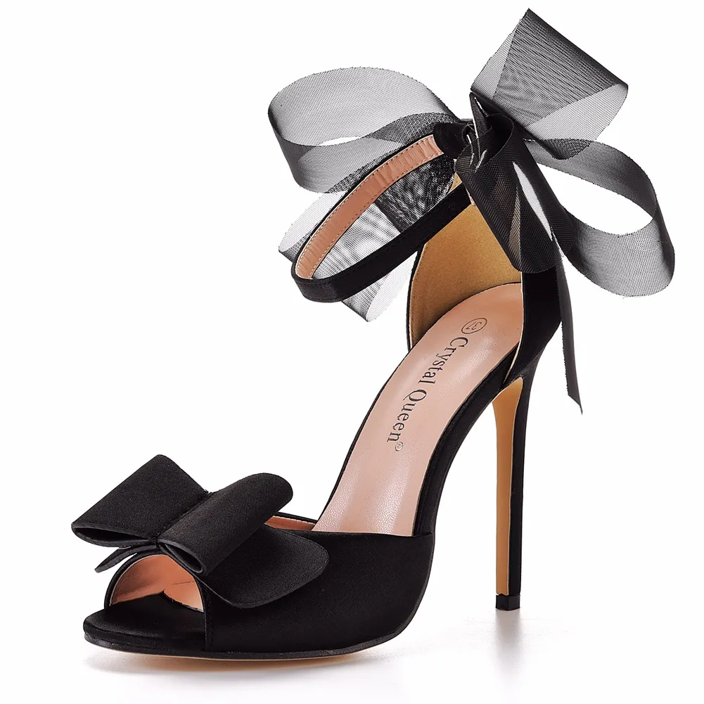 11 Cm Sexy Large-Size Net Yarn Bow Bow Fish Mouth High Heel Sandals Shallow Word With Round Head Sandals 4546 Yards HZ0115