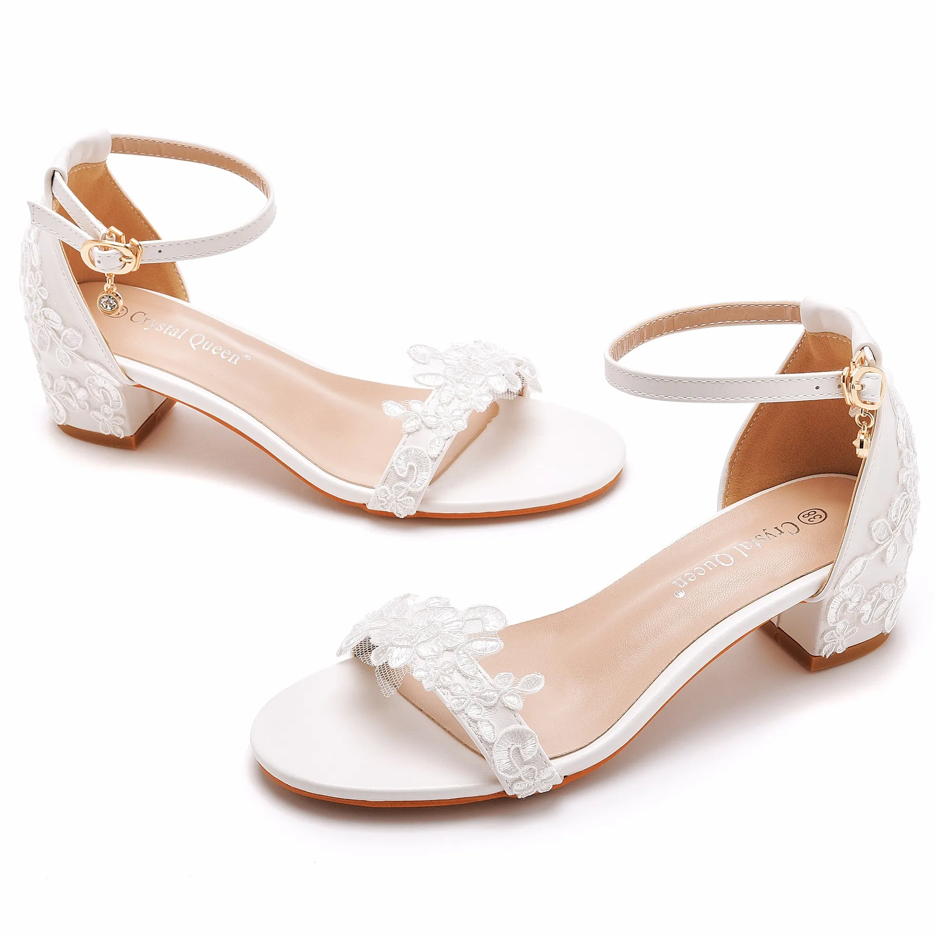 5 Cm Thick Heel Sandals Shallow Mouth With Square Side Buckle Sandals White Embroidered Lace Wedding Shoes High Heels HZ0115