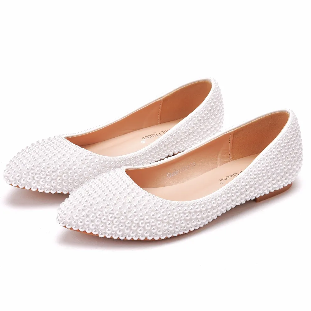 White Flat-Soled Bridesmaids Wedding Shoes To Take Pictures Of Women's Singles Handmade Pearls Pregnant Women's Shoes HZ0115