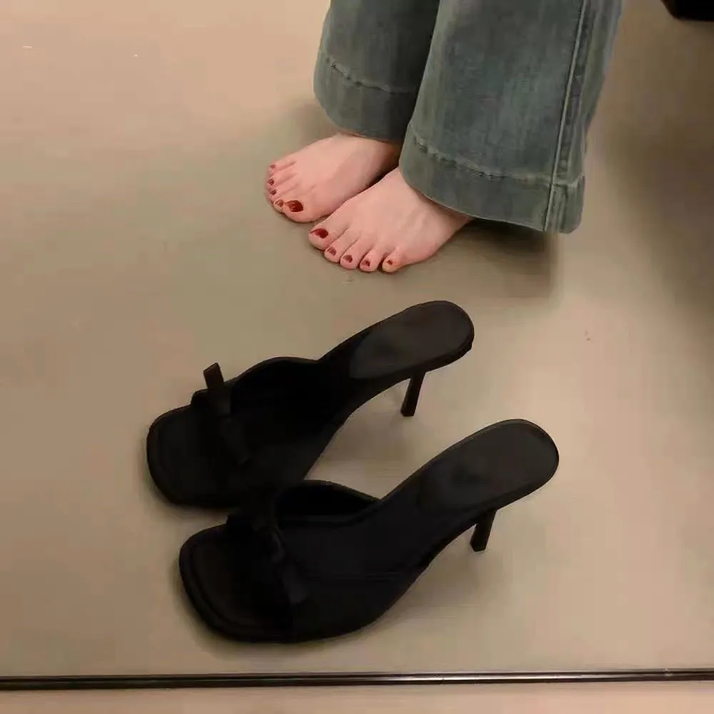 Black Thin High Heel Slippers Bow Sandals Women 2025 New Summer Wearing Toe Toe Heightening Muller Shoes Half-Dragging HZ0115