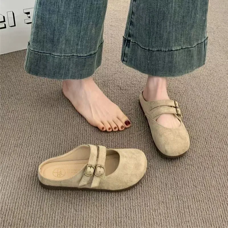 Birkens Shoes 2025 Spring And Summer New Retro Bun Head Thick Bottom Wear A Word With Half-Drag Belt Buckle Slippers HZ0115