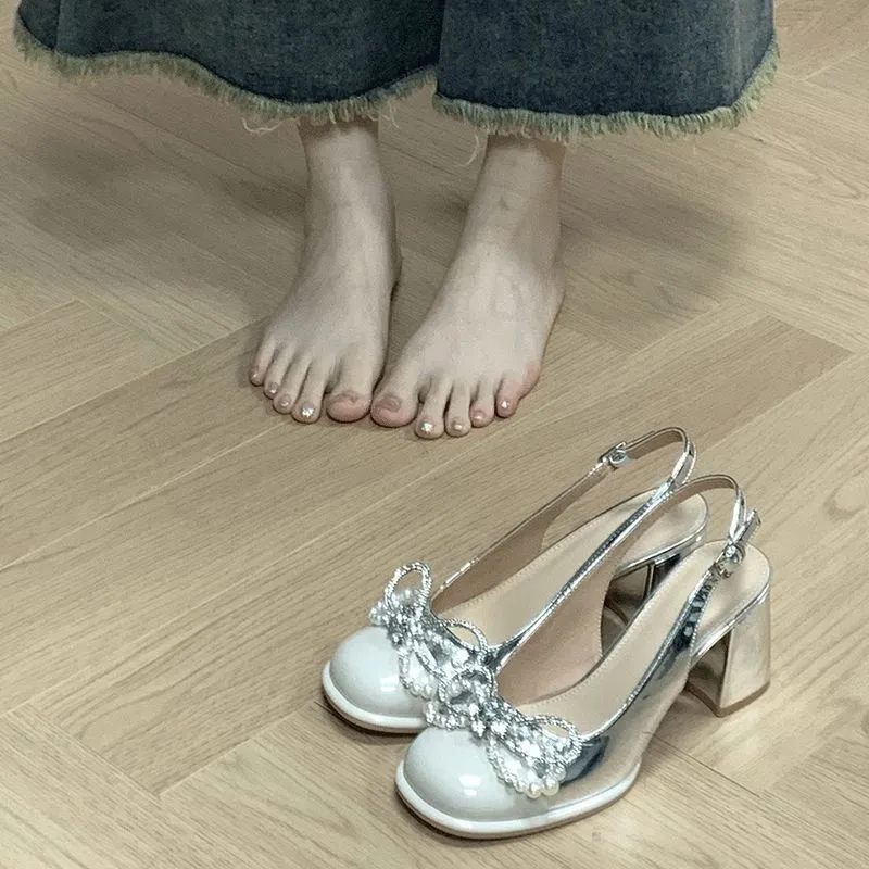 Pure-Want Bow Beautiful Silver Mary Jane High Heel Women's Back Empty Coarse Sandals 2025 Summer New Single Shoes HZ0115