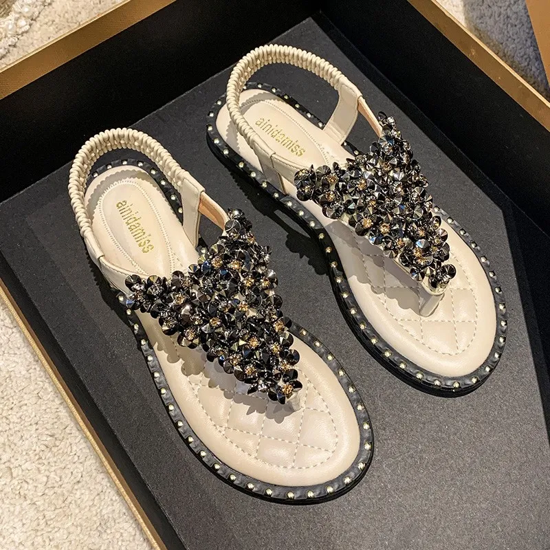 Clip-Sneaker Sandals Women's Summer Fairy Wind 2025 New Fashion Water Drill Lady Flat-Soled Roman Shoes Women's Large Size Women's Shoes HZ0115