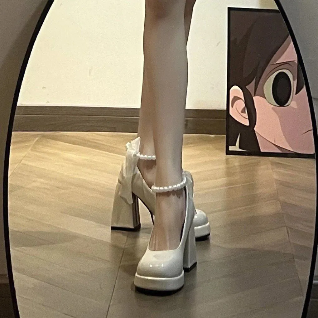 High-Heeled Small Leather Shoes Women Spring And Autumn 2025 New White French Wedding Shoes Retro Thick Heel Thick Soles To Increase The Mary Treasure Shoes HZ0115