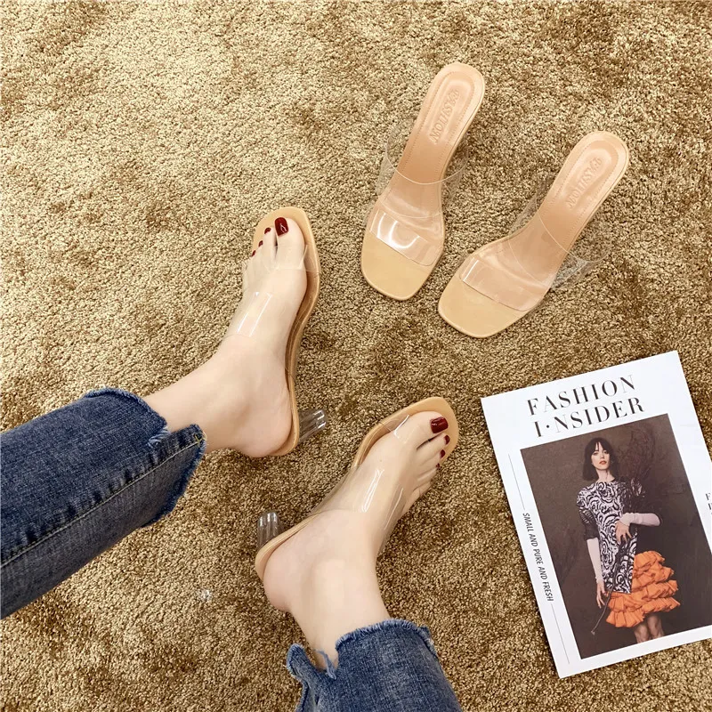 One-?? Type Personality Street Trend Cool Drag Transparent Fashion Coarse Heel Shoes Women's Comfortable Coarse Heel Sandals HZ0115