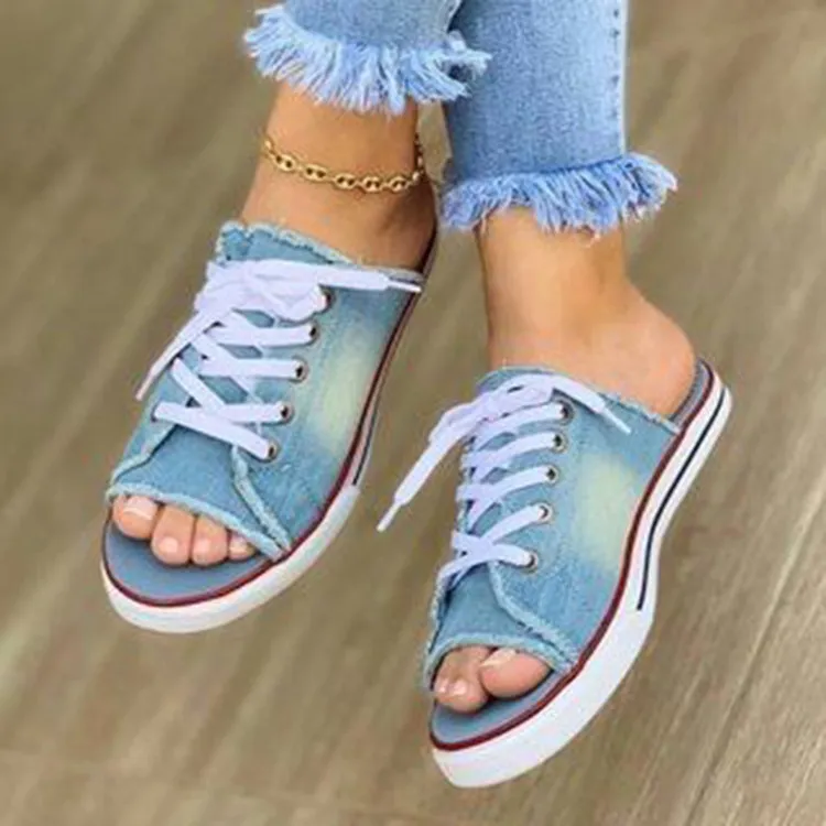 The Big Goods Have Come Out Of The New 2025 Summer Canvas Korean Version Of Women's Cool Drag One-Word Drag Heel Sandals Denim Shoes HZ0115