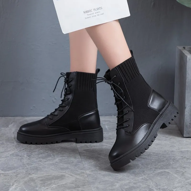 2025 Autumn And Winter New Knitted Splicing Locomotive Boots Flying Elastic Martin Boots Women With English Short Boots HZ0115
