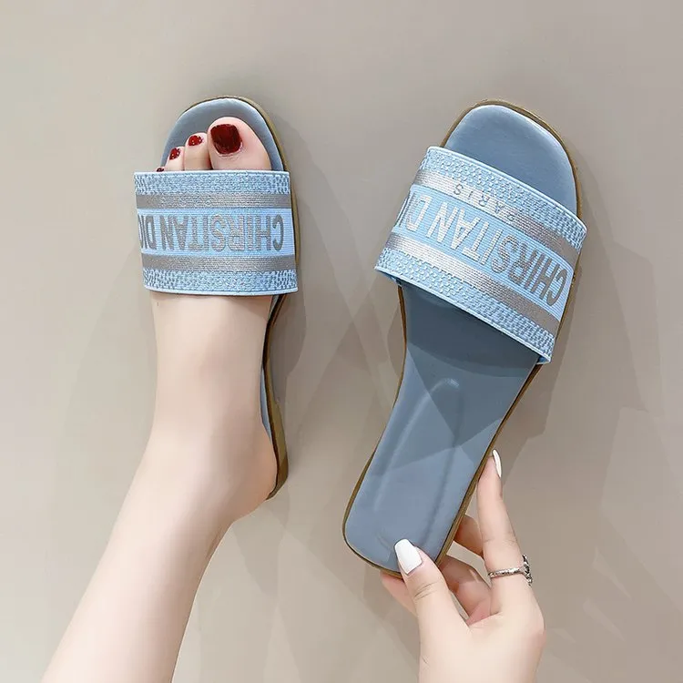 2025 Summer Wear A Word To Drag Flat Bottom Beach Tourism Leisure Slippers Embroidery Letter Women's Shoes HZ0115
