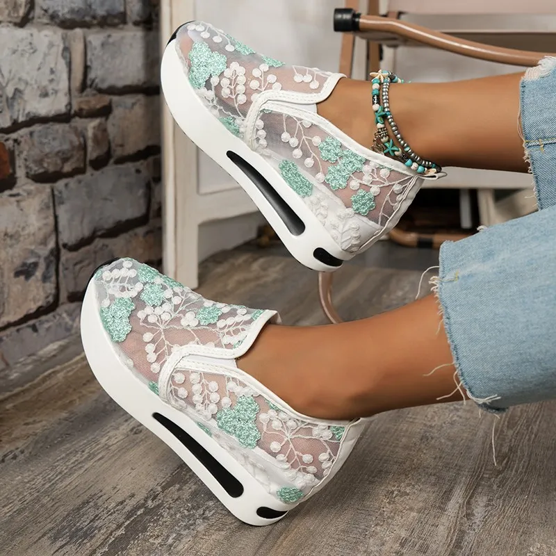 Single-Shoe Women 2025 Spring Korean Version Of The New Lace Mesh Casual Heel High-Shoe High-Shoe Women's Single Shoes HZ0115