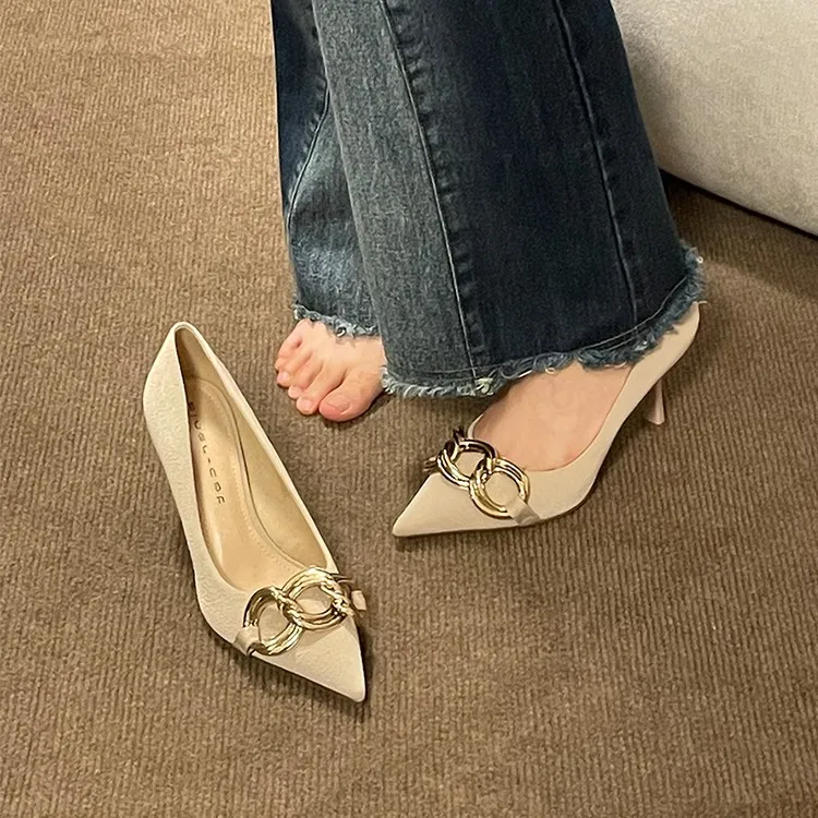 High-Heeled Women 2025 Spring And Autumn New Fine Heel Design French Small Metal Chain Pointed Shallow Single Shoes Women HZ0115