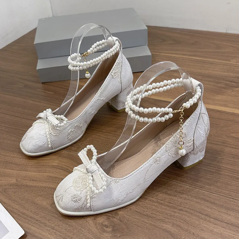 High-Heeled Women 2025 New Chinese Bow Pearl Chain Head Shallow Thick And Set Mary Treasure Shoes HZ0115