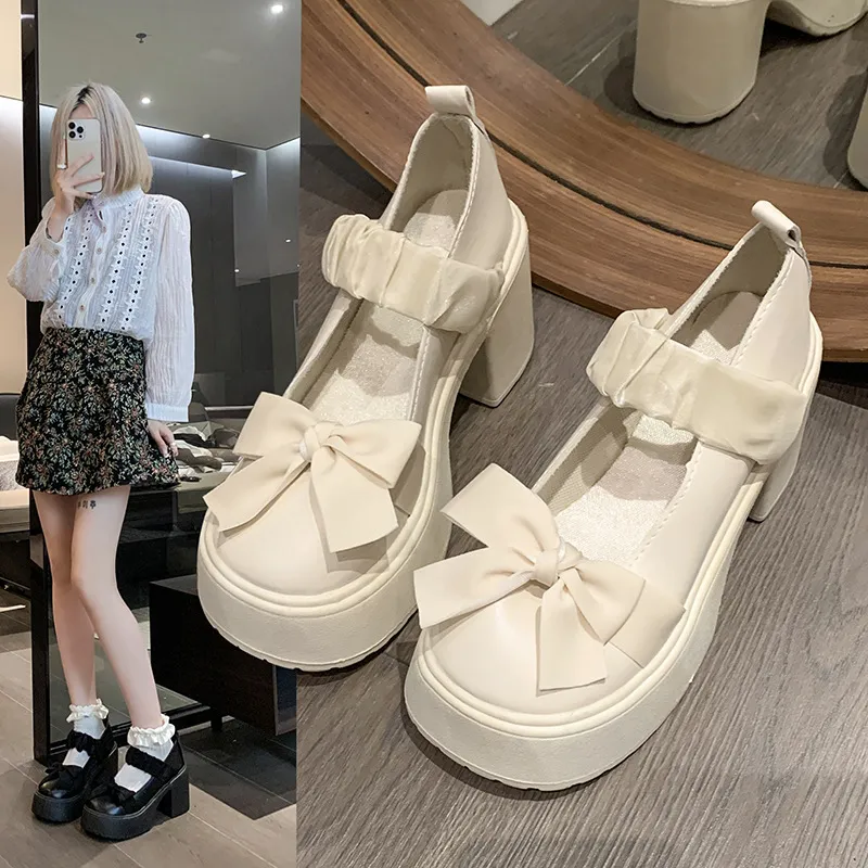 Mary Jane Shoes Women 2025 Autumn And Winter New Thick-Soled Loose Cream Soles Coarse Leather Shoes Bow Single Shoes High Heels HZ0115
