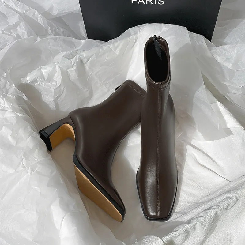 Brown Short Boots Women High And Autumn And Winter New Plus Velvet Coarse And French Small Ankle Boots After Zipper Elastic Head Thin Boots HZ0115