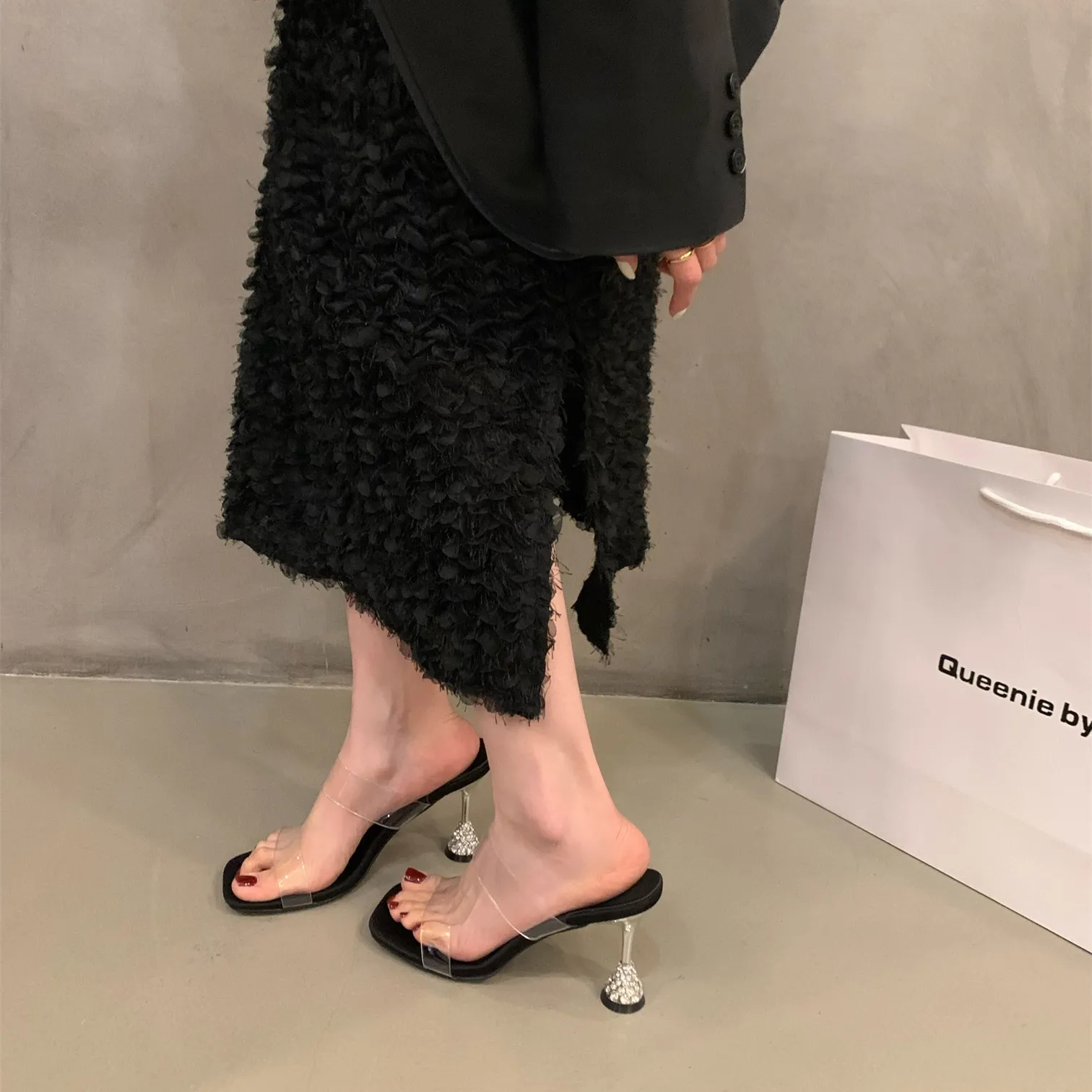 Small High-Level Transparent With A Word Slippers Women's Shoes Wearing 2025 Summer Water Drill Cool Drag High Heel Sandals HZ0115
