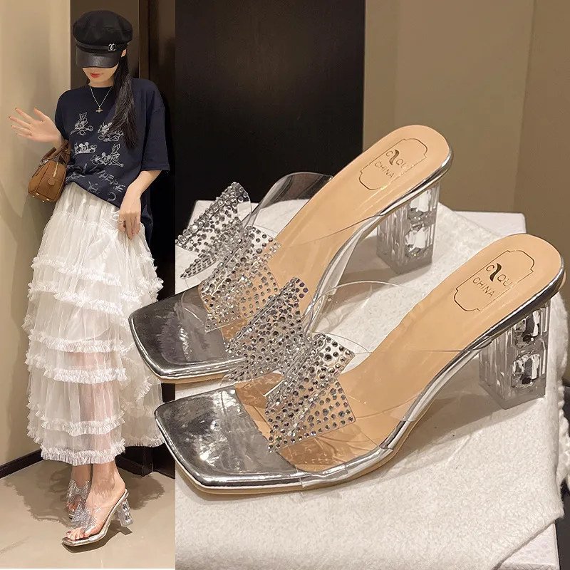 High-Heeled Women 2025 Summer New French Water Drill Bow Crystal And Sandals Square Head And Slippers Women HZ0115