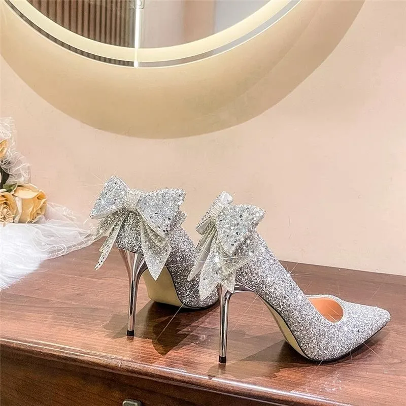 Silver High-Heeled Women 2025 Spring And Autumn New Spring And Autumn New Sleuing High-End Water-Drilled Bow Tip Wedding Shoes Single Shoes Women HZ0115