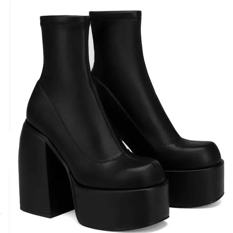 Lake Blue Short Boots Women Thick And 2025 Spring And Autumn Cowboy High Heel Boots Frosted Leg Elastic Boots Large Size Women's Shoes HZ0115