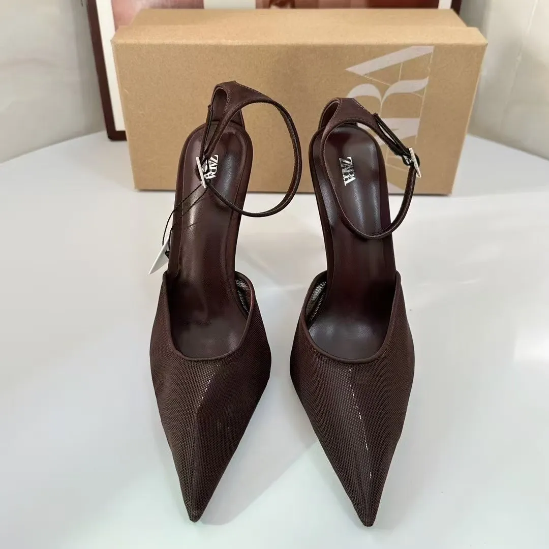 ZA Home 2025 New Women's Shoes Low Heel Temperament High Heels High-Heeled Shoes Back Scratched Single Shoe Net Face Brown HZ0115