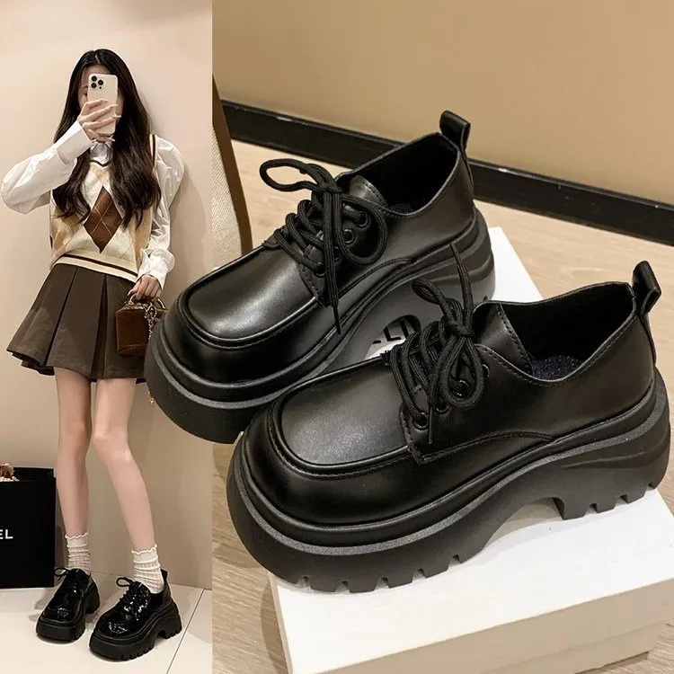 Thick-Soled Pine Shoes Women 2025 Autumn New British Wind Small Leather Shoes Coarse Heel Lace Casual Single Shoes HZ0115