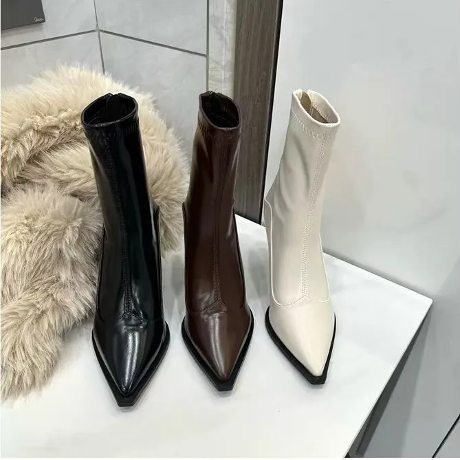 Short Boots Women's New High-Heeling Korean Version Of High-End Ankle Boots French Retro Brown Elastic Thin Boots In The Autumn And Winter Of 2025 HZ0115