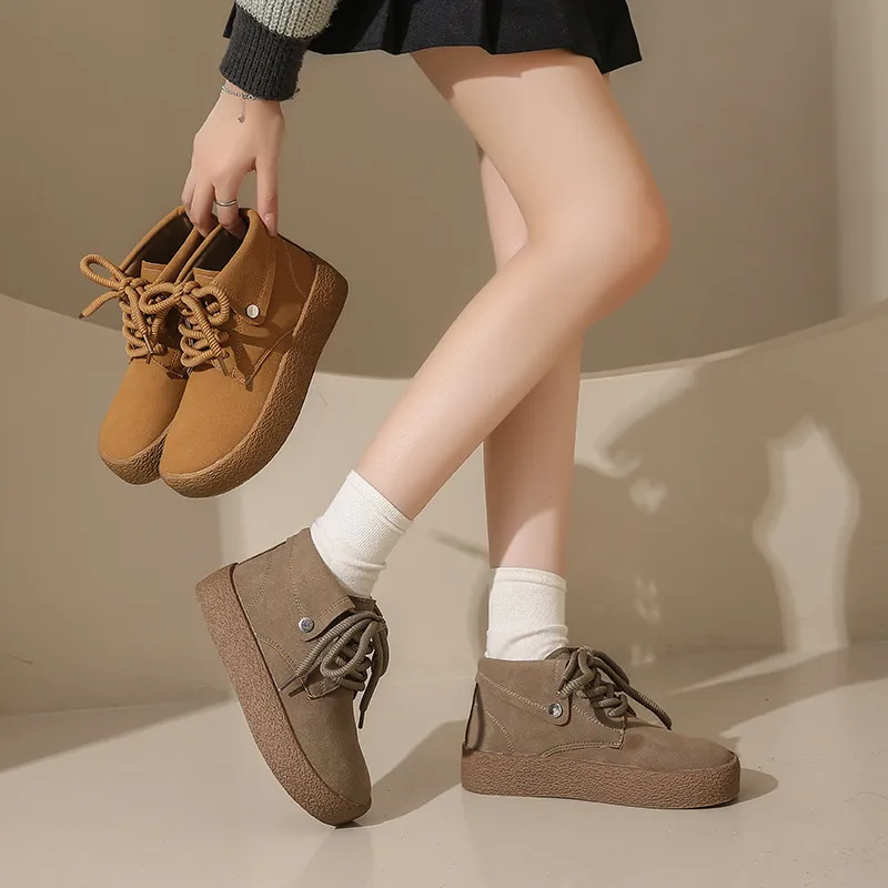 Sandal Leather Lace Birken Shoes Women's 2025 New Retro Round Head Thick-Bottomed High-Top Women's Shoes Short-Bore HZ0115