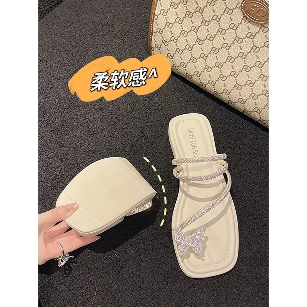2025 Summer New Ins Korean Version Of The Bow Sandals Women Flat-Bottomed Fairy Water Drill Clip Cool Slippers Women Wear HZ0115