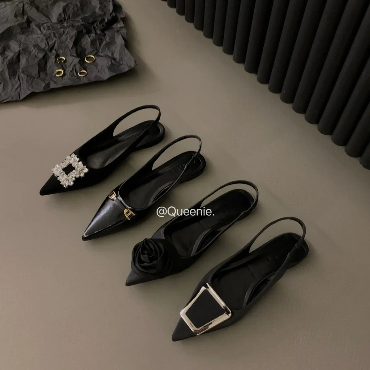 French Flat-Bottomed Black-Headed Sandals Fairy Shoes 2025 New Spring And Summer Pointed Drill Temperament Single Shoes HZ0115