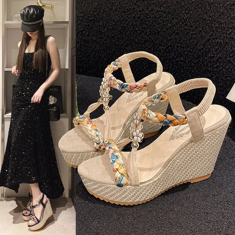 Bohemian Sandals Women 2025 Summer Korean Edition New Slope Hedley Diamond Fish Mouth Sandals HZ0115