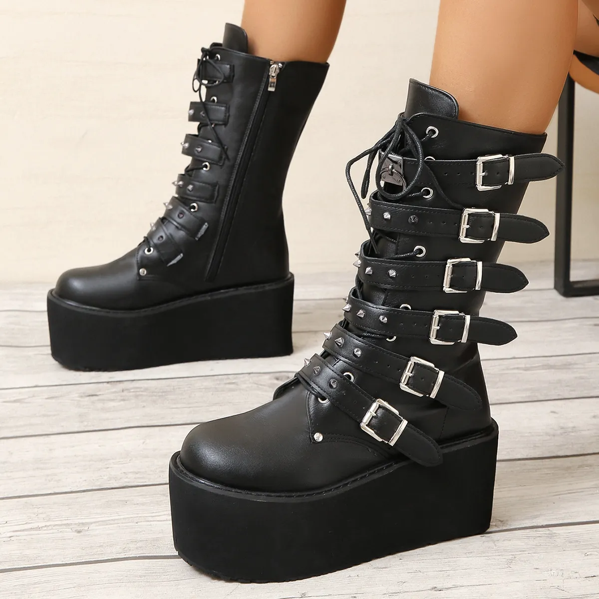 Punk Style Rion Rivet Middle Cylinder Knight Boots 2025 Autumn And Winter New Thick Bottom High With Belt Buckle Size 43 Women Boots HZ0115