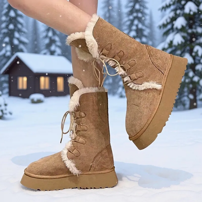 2025 Winter New Thick Snow Boots Women With Velvet Warm Cotton Shoes Lace Fashion Two Casual Mid-Bodi Cotton Cotton HZ0115
